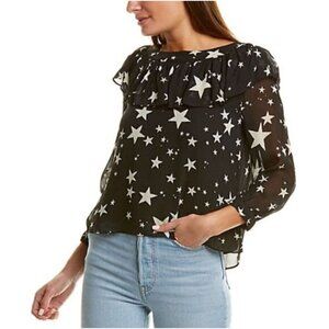 Farm Rio Stardust Blouse Black Star Print Ruffle Lined Viscose‎ Top Size L Shirt